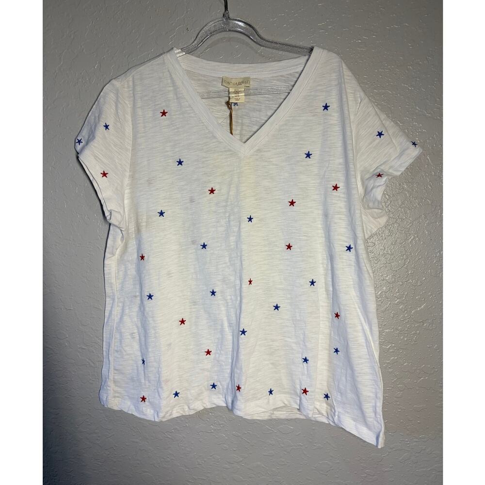 Cynthia Rowley White V neck Tshirt White Blue Stars Sz XL